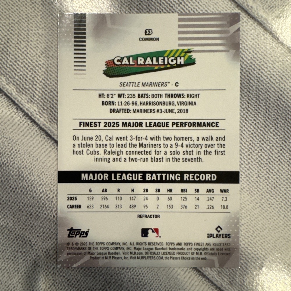 Topps Finest Cal Raleigh #33 Refractor Mariners Baseball Card - Picture 2 of 2